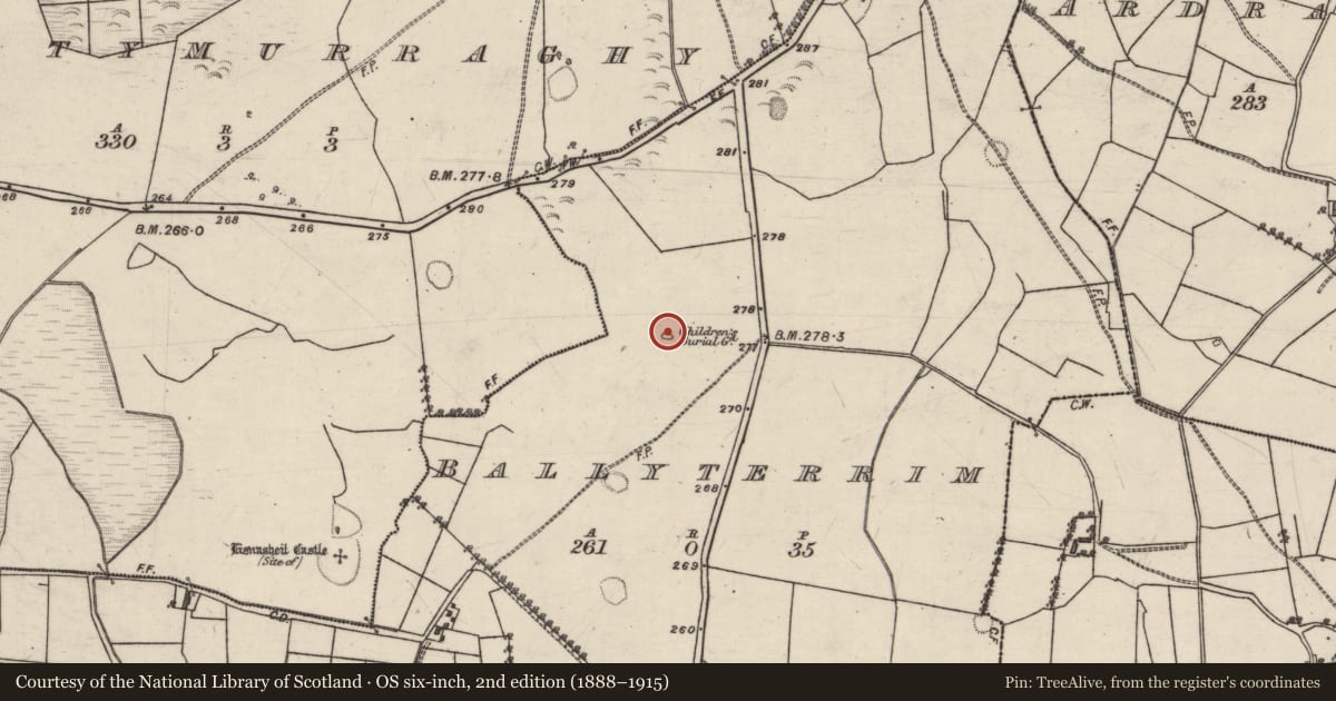 Ordnance Survey six-inch map, 2nd edition (1888–1915) covering the location of Children's burial ground, Ballyterrim, County Galway, with a pin at the register's coordinates