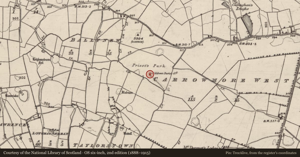 Ordnance Survey six-inch map, 2nd edition (1888–1915) covering the location of Children's burial ground, Carrowmore West, County Galway, with a pin at the register's coordinates