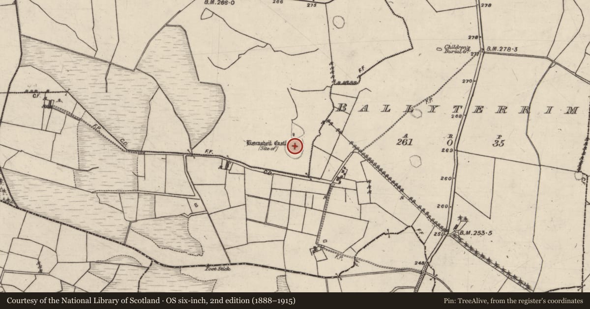 Ordnance Survey six-inch map, 2nd edition (1888–1915) covering the location of Castle - unclassified, Cooltymurraghy, County Galway, with a pin at the register's coordinates
