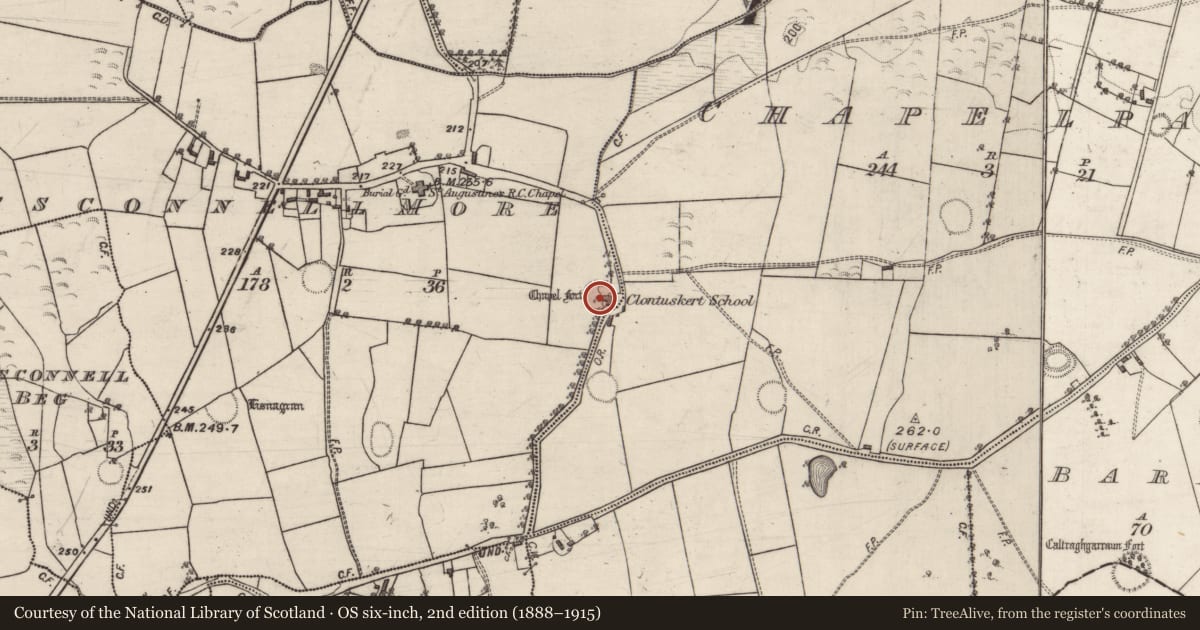 Ordnance Survey six-inch map, 2nd edition (1888–1915) covering the location of Souterrain, Crossconnell More, County Galway, with a pin at the register's coordinates