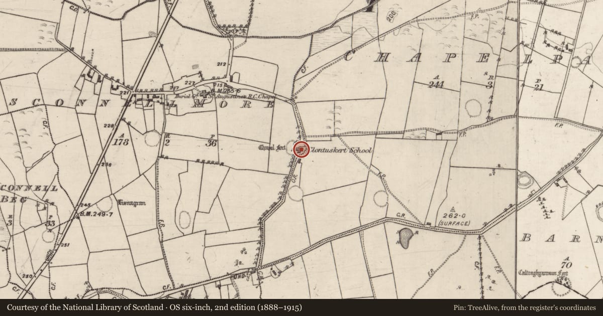 Ordnance Survey six-inch map, 2nd edition (1888–1915) covering the location of School, Crossconnell More, County Galway, with a pin at the register's coordinates