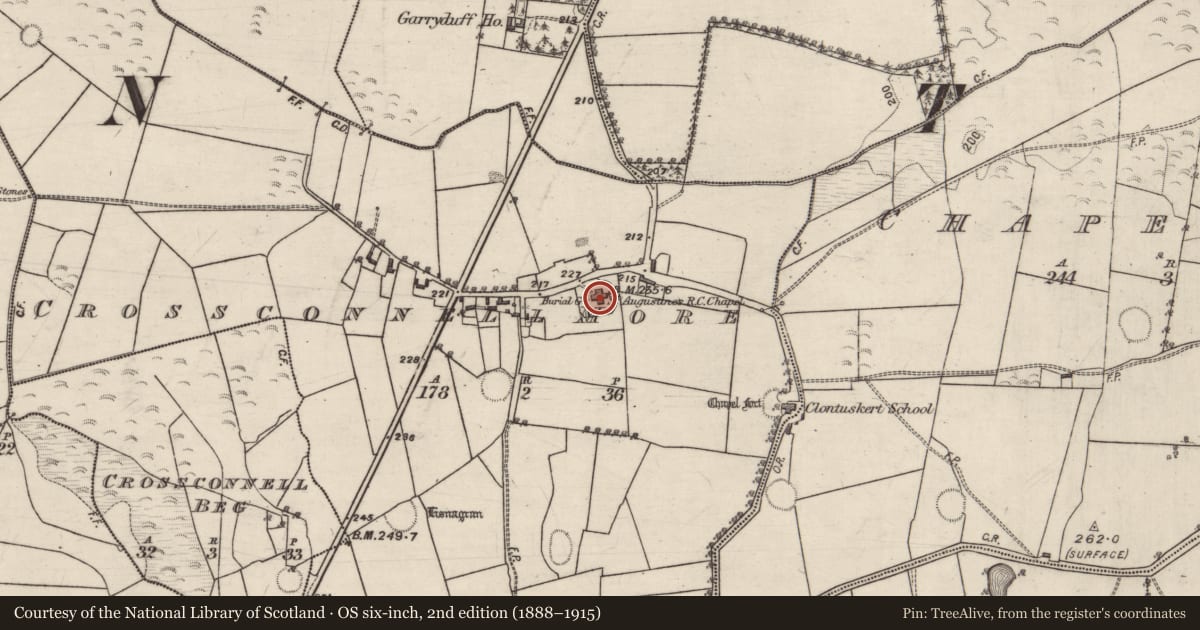 Ordnance Survey six-inch map, 2nd edition (1888–1915) covering the location of Church, Crossconnell More, County Galway, with a pin at the register's coordinates