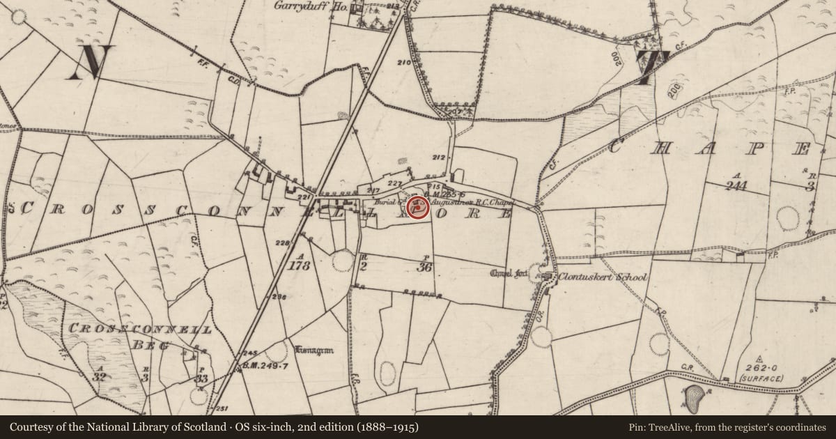 Ordnance Survey six-inch map, 2nd edition (1888–1915) covering the location of Graveyard, Crossconnell More, County Galway, with a pin at the register's coordinates