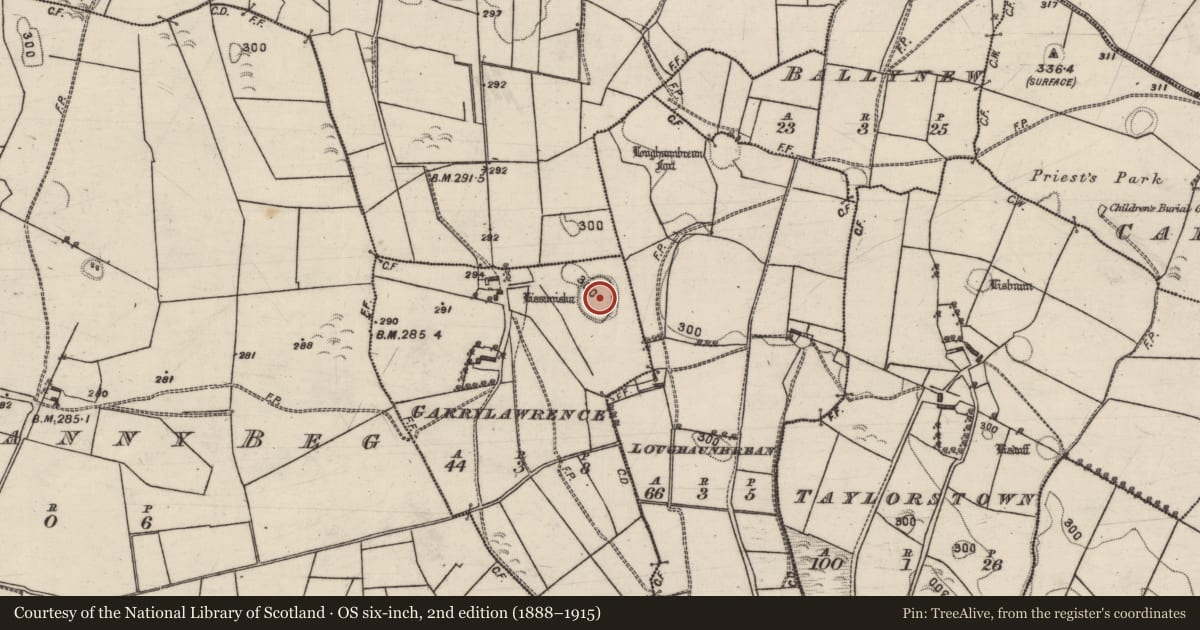 Ordnance Survey six-inch map, 2nd edition (1888–1915) covering the location of Ringfort - rath, Garrylawrence, County Galway, with a pin at the register's coordinates