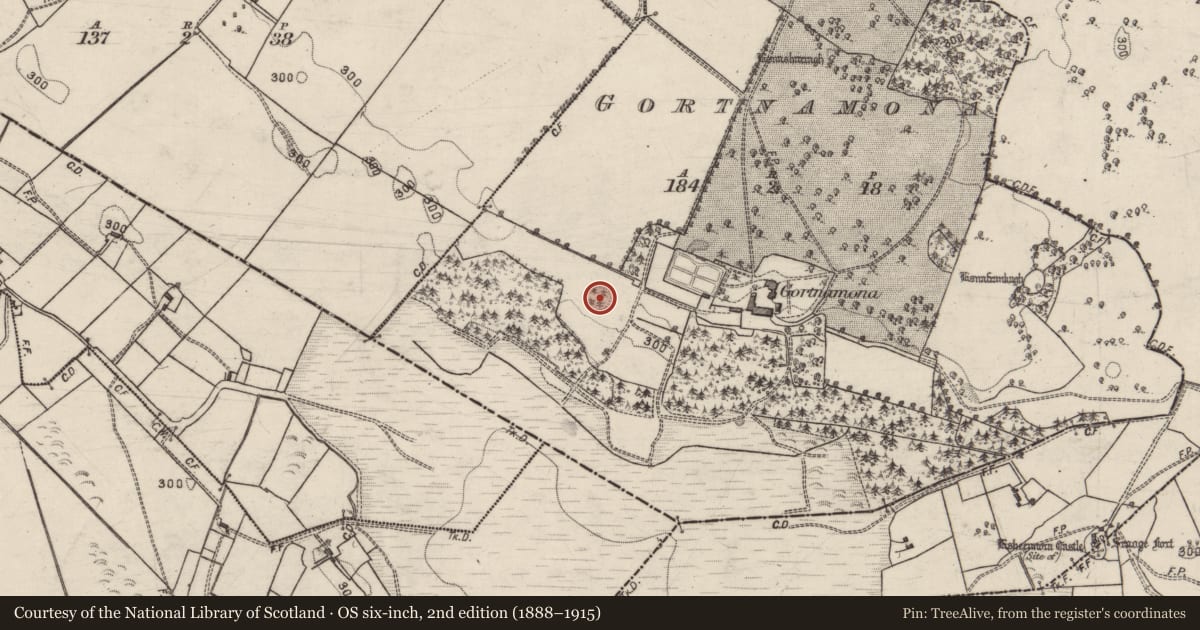 Ordnance Survey six-inch map, 2nd edition (1888–1915) covering the location of Ringfort - rath, Gortnamona, County Galway, with a pin at the register's coordinates