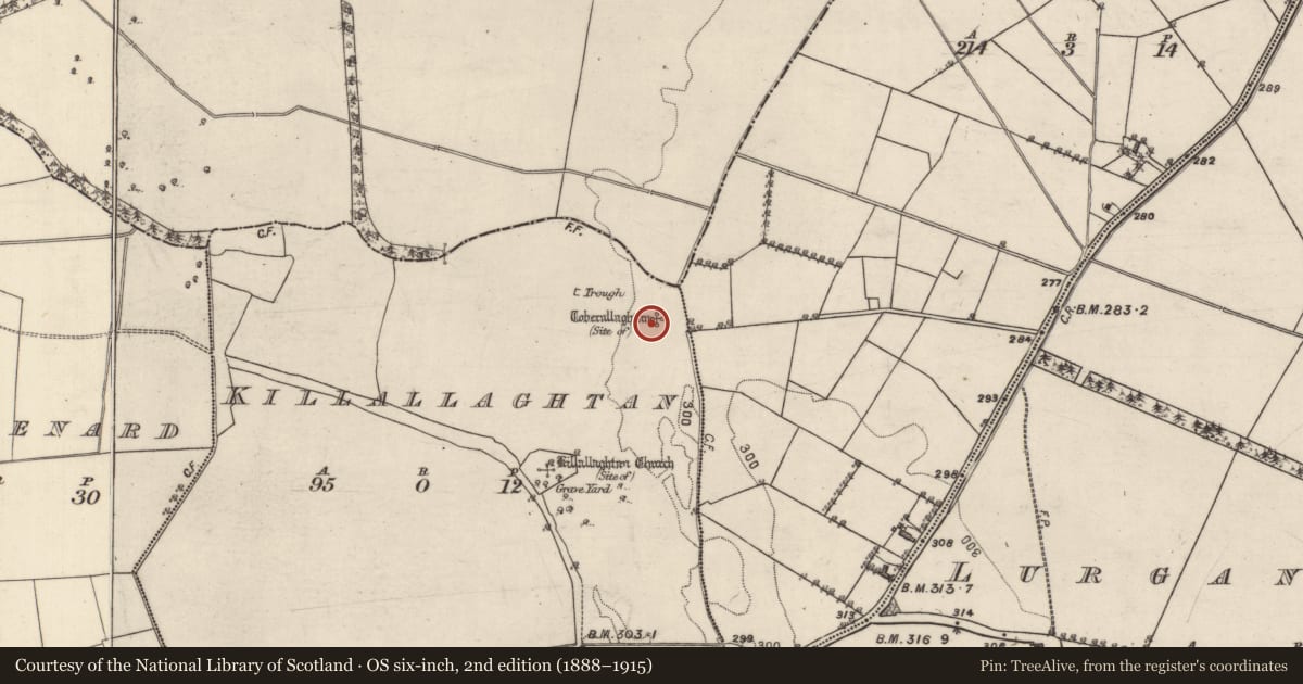 Ordnance Survey six-inch map, 2nd edition (1888–1915) covering the location of Ritual site - holy well, Killallaghtan, County Galway, with a pin at the register's coordinates
