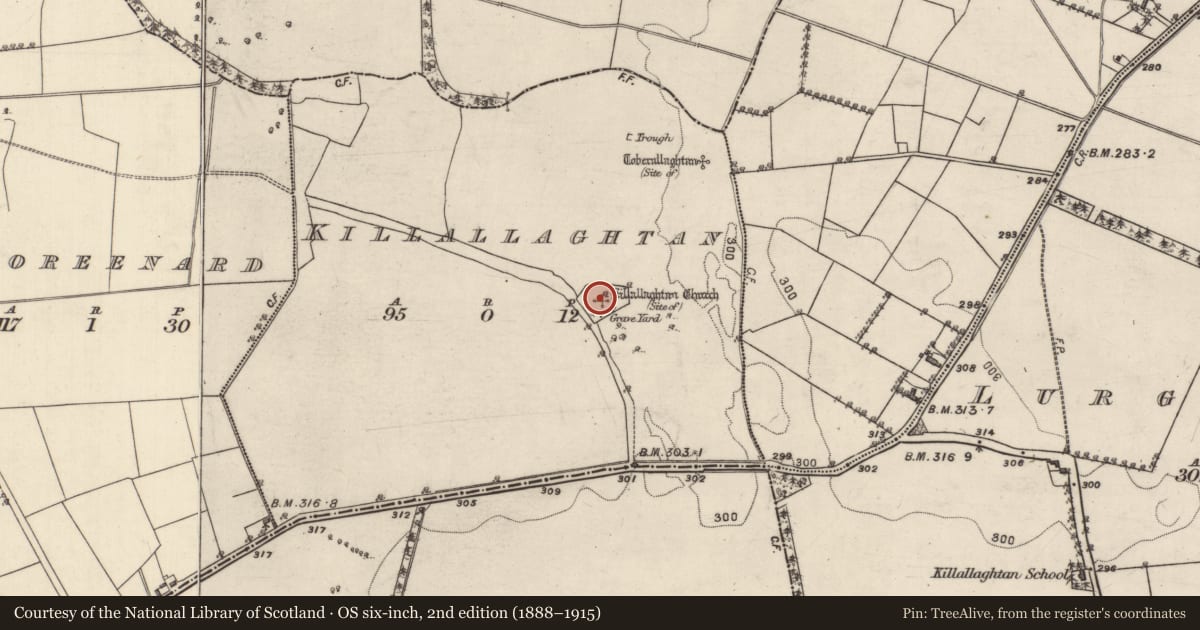 Ordnance Survey six-inch map, 2nd edition (1888–1915) covering the location of Church, Killallaghtan, County Galway, with a pin at the register's coordinates