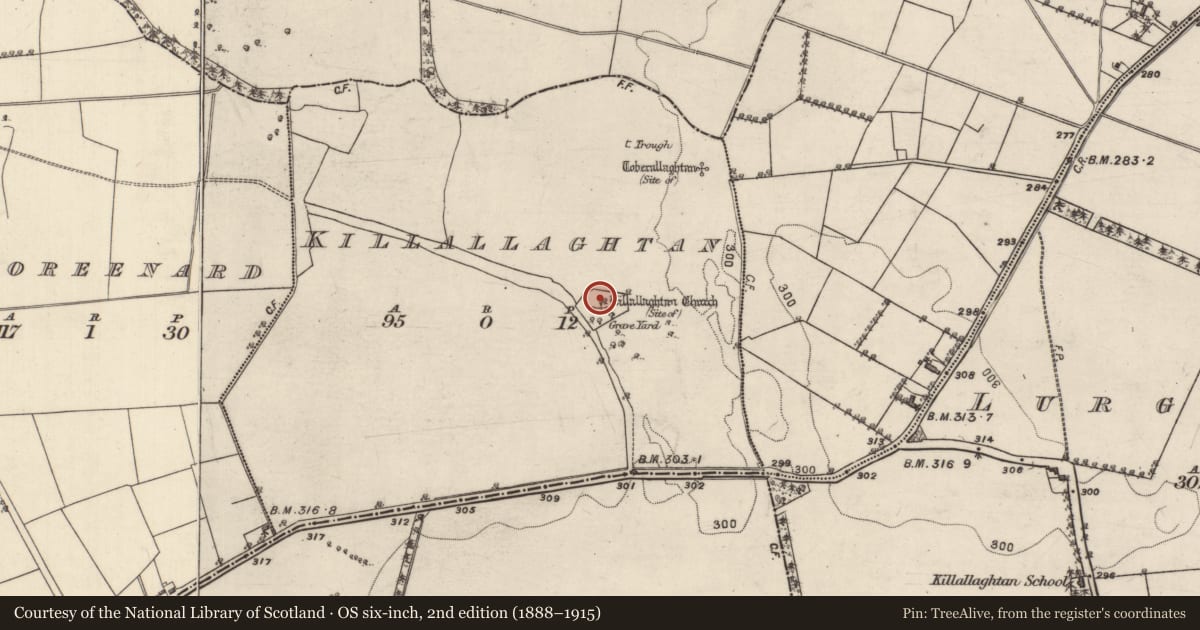 Ordnance Survey six-inch map, 2nd edition (1888–1915) covering the location of Graveyard, Killallaghtan, County Galway, with a pin at the register's coordinates