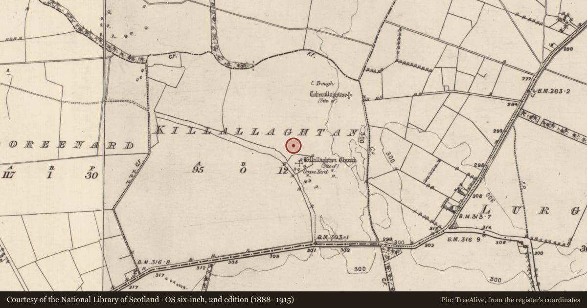 Ordnance Survey six-inch map, 2nd edition (1888–1915) covering the location of Earthwork, Killallaghtan, County Galway, with a pin at the register's coordinates