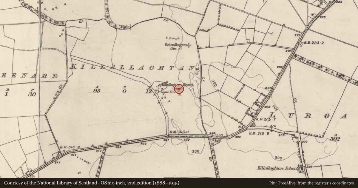 Ordnance Survey six-inch map, 2nd edition (1888–1915) covering the location of Enclosure, Killallaghtan, County Galway, with a pin at the register's coordinates