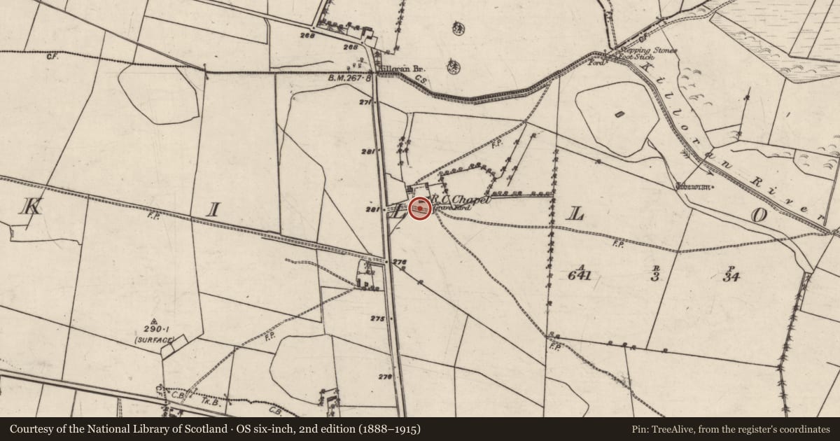 Ordnance Survey six-inch map, 2nd edition (1888–1915) covering the location of Graveyard, Killoran, County Galway, with a pin at the register's coordinates