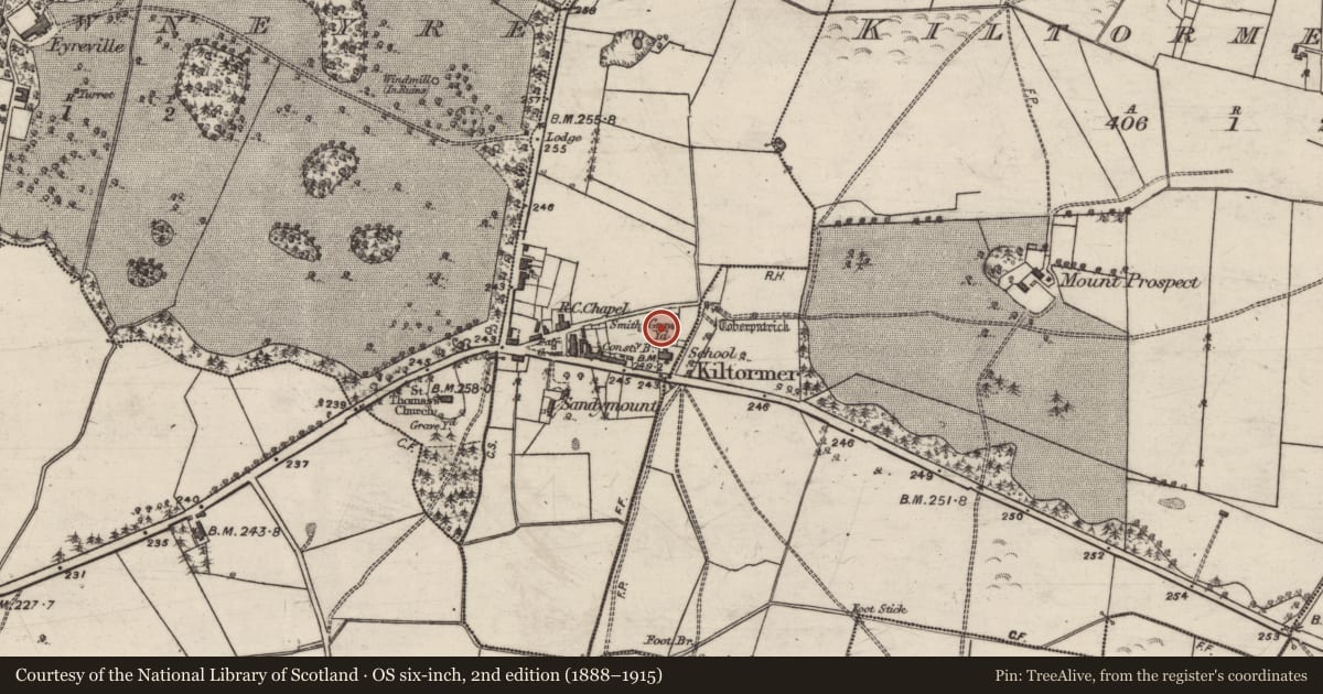 Ordnance Survey six-inch map, 2nd edition (1888–1915) covering the location of Church, Kiltormer West, County Galway, with a pin at the register's coordinates