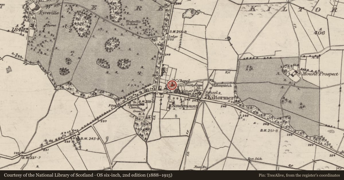 Ordnance Survey six-inch map, 2nd edition (1888–1915) covering the location of Church, Kiltormer West, County Galway, with a pin at the register's coordinates