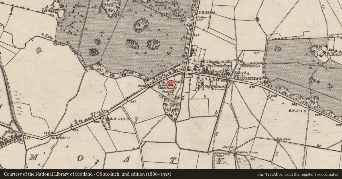 Ordnance Survey six-inch map, 2nd edition (1888–1915) covering the location of Church, Newtowneyre, County Galway, with a pin at the register's coordinates