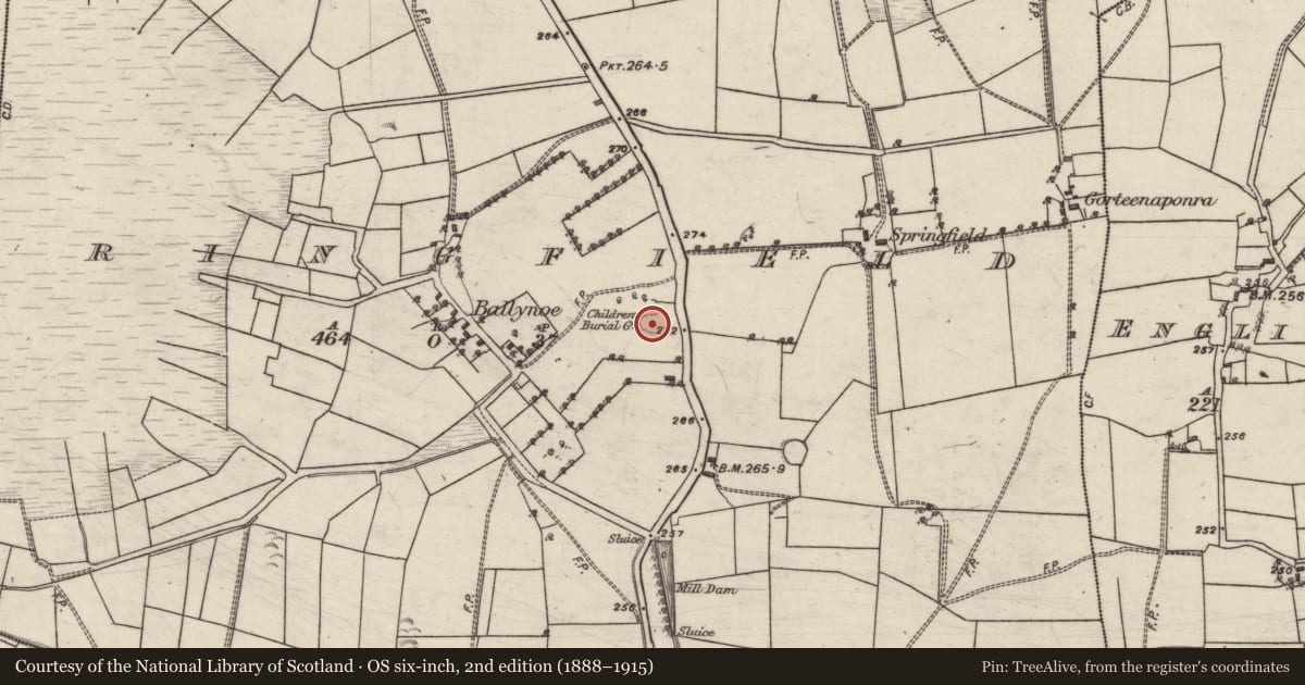 Ordnance Survey six-inch map, 2nd edition (1888–1915) covering the location of Children's burial ground, Springfield, County Galway, with a pin at the register's coordinates