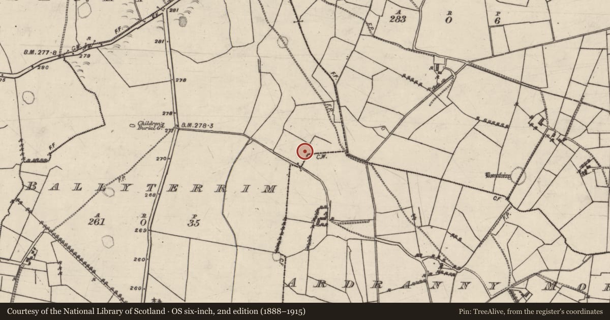 Ordnance Survey six-inch map, 2nd edition (1888–1915) covering the location of Burial, Ballyterrim, County Galway, with a pin at the register's coordinates
