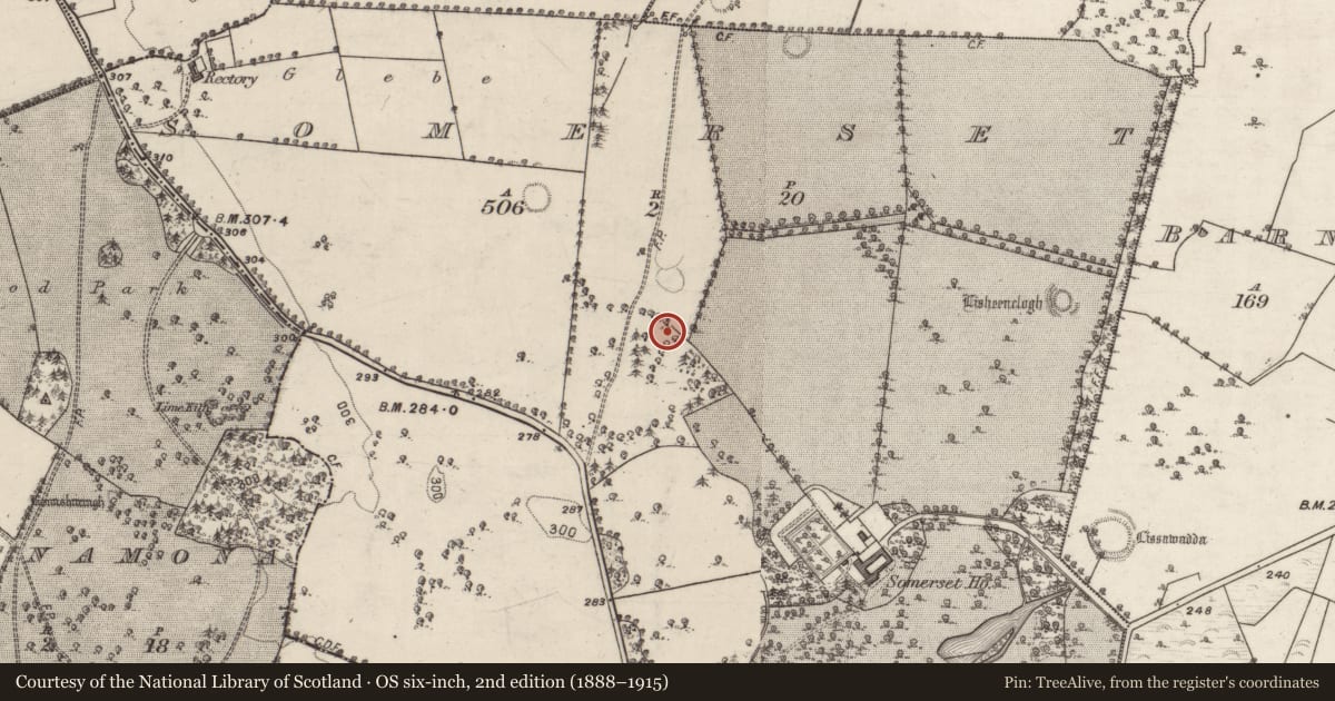 Ordnance Survey six-inch map, 2nd edition (1888–1915) covering the location of Earthwork, Somerset, County Galway, with a pin at the register's coordinates