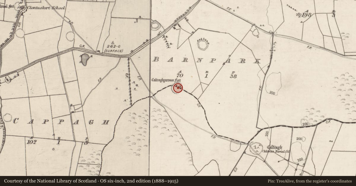 Ordnance Survey six-inch map, 2nd edition (1888–1915) covering the location of Children's burial ground, Barnpark, Somerset, County Galway, with a pin at the register's coordinates