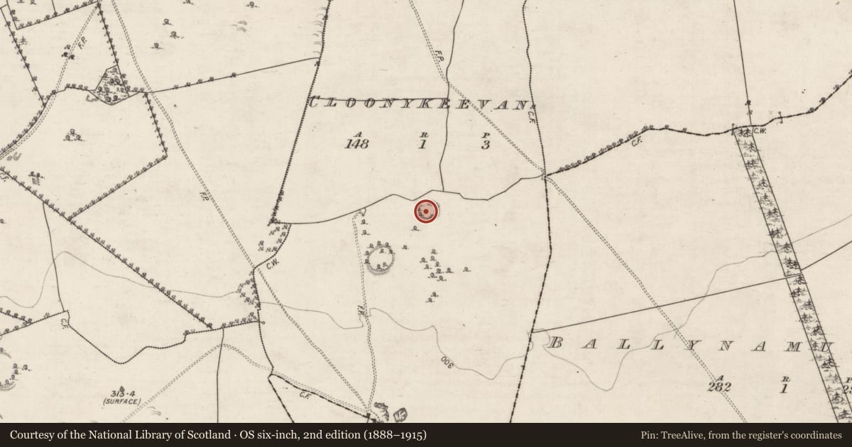 Ordnance Survey six-inch map, 2nd edition (1888–1915) covering the location of Ringfort - rath, Cloonykeevan, County Galway, with a pin at the register's coordinates