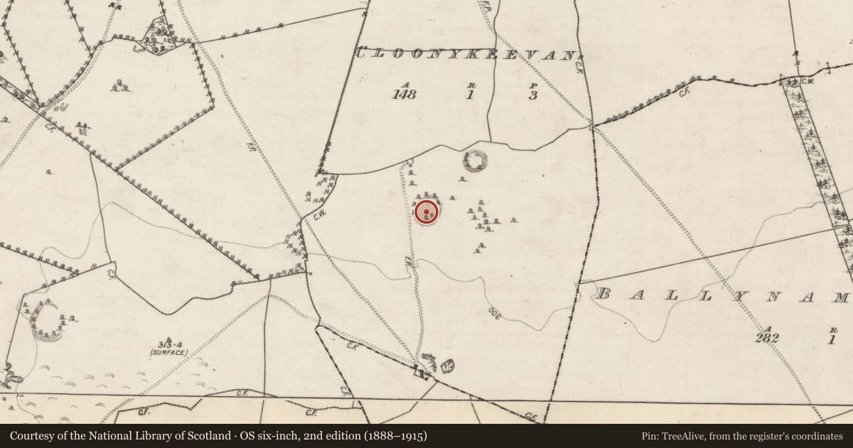Ordnance Survey six-inch map, 2nd edition (1888–1915) covering the location of Ringfort - rath, Cloonykeevan, County Galway, with a pin at the register's coordinates