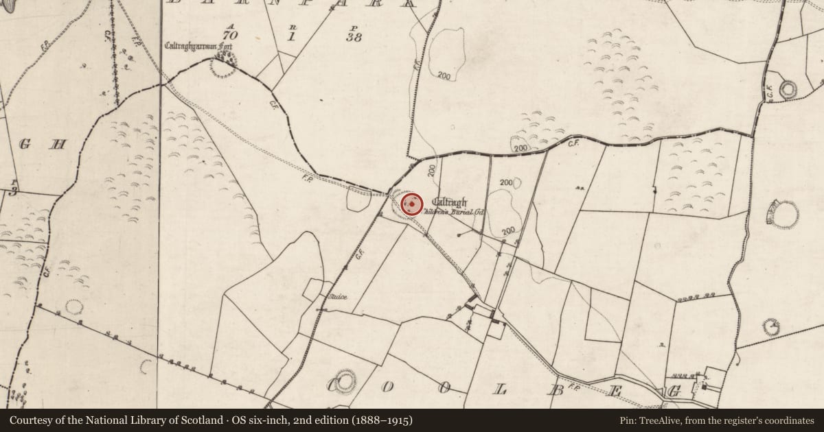 Ordnance Survey six-inch map, 2nd edition (1888–1915) covering the location of Children's burial ground, Coolbeg, County Galway, with a pin at the register's coordinates