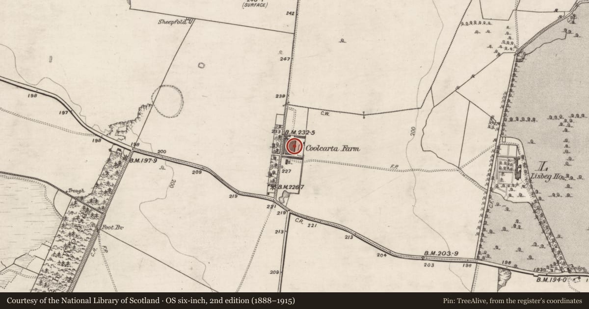 Ordnance Survey six-inch map, 2nd edition (1888–1915) covering the location of Building, Coolcarta East, County Galway, with a pin at the register's coordinates