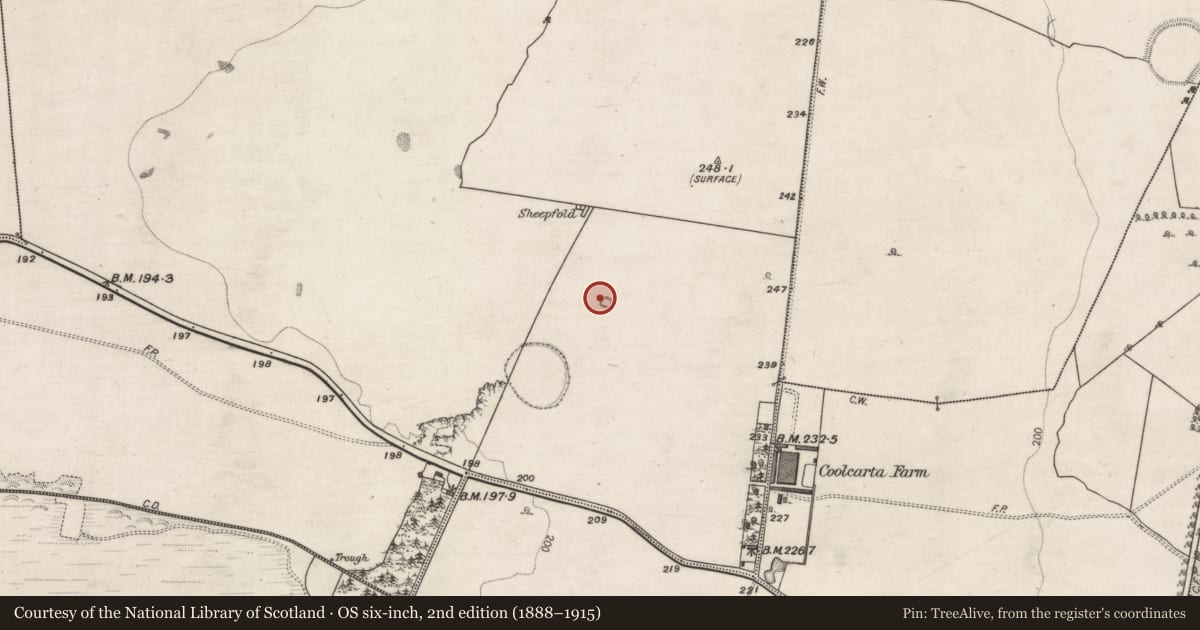 Ordnance Survey six-inch map, 2nd edition (1888–1915) covering the location of Enclosure, Coolcarta West, County Galway, with a pin at the register's coordinates