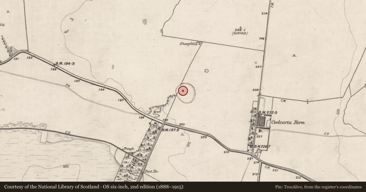 Ordnance Survey six-inch map, 2nd edition (1888–1915) covering the location of Enclosure - large enclosure, Coolcarta West, County Galway, with a pin at the register's coordinates