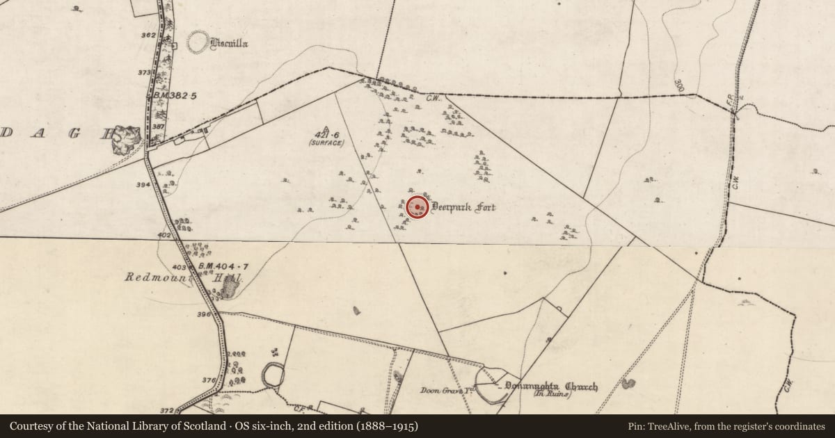 Ordnance Survey six-inch map, 2nd edition (1888–1915) covering the location of Ringfort - rath, Eyrecourt Demesne, County Galway, with a pin at the register's coordinates