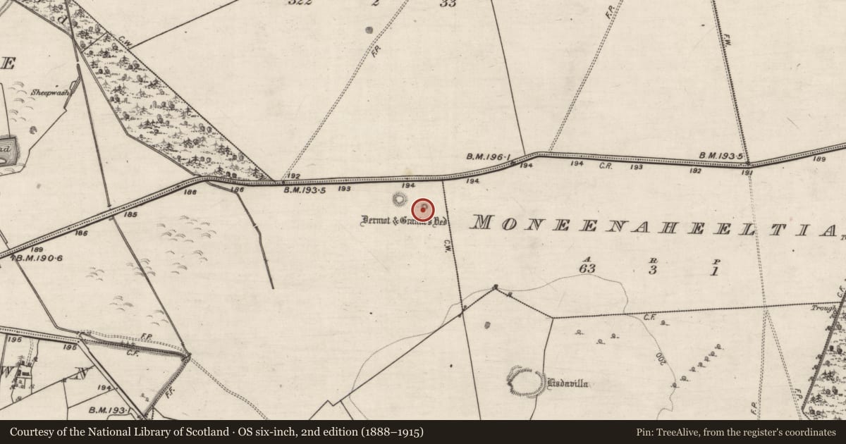 Ordnance Survey six-inch map, 2nd edition (1888–1915) covering the location of Barrow - bowl-barrow, Killevny, County Galway, with a pin at the register's coordinates