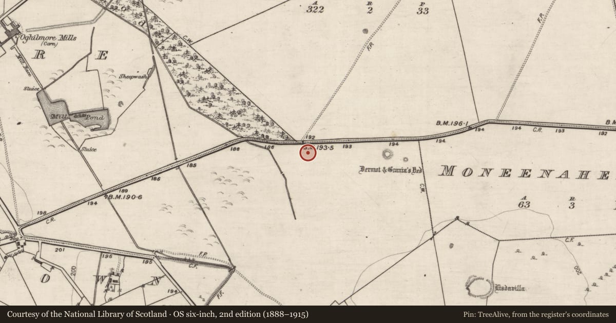 Ordnance Survey six-inch map, 2nd edition (1888–1915) covering the location of Graveyard, Killevny, County Galway, with a pin at the register's coordinates