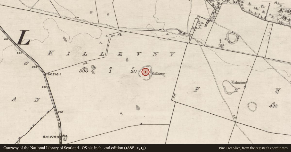 Ordnance Survey six-inch map, 2nd edition (1888–1915) covering the location of Enclosure - large enclosure, Killevny, County Galway, with a pin at the register's coordinates