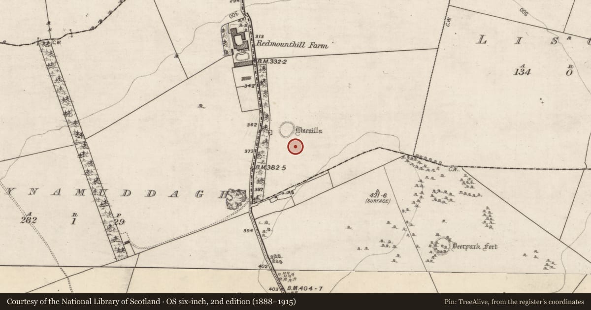 Ordnance Survey six-inch map, 2nd edition (1888–1915) covering the location of Barrow - ring-barrow, Killevny, County Galway, with a pin at the register's coordinates