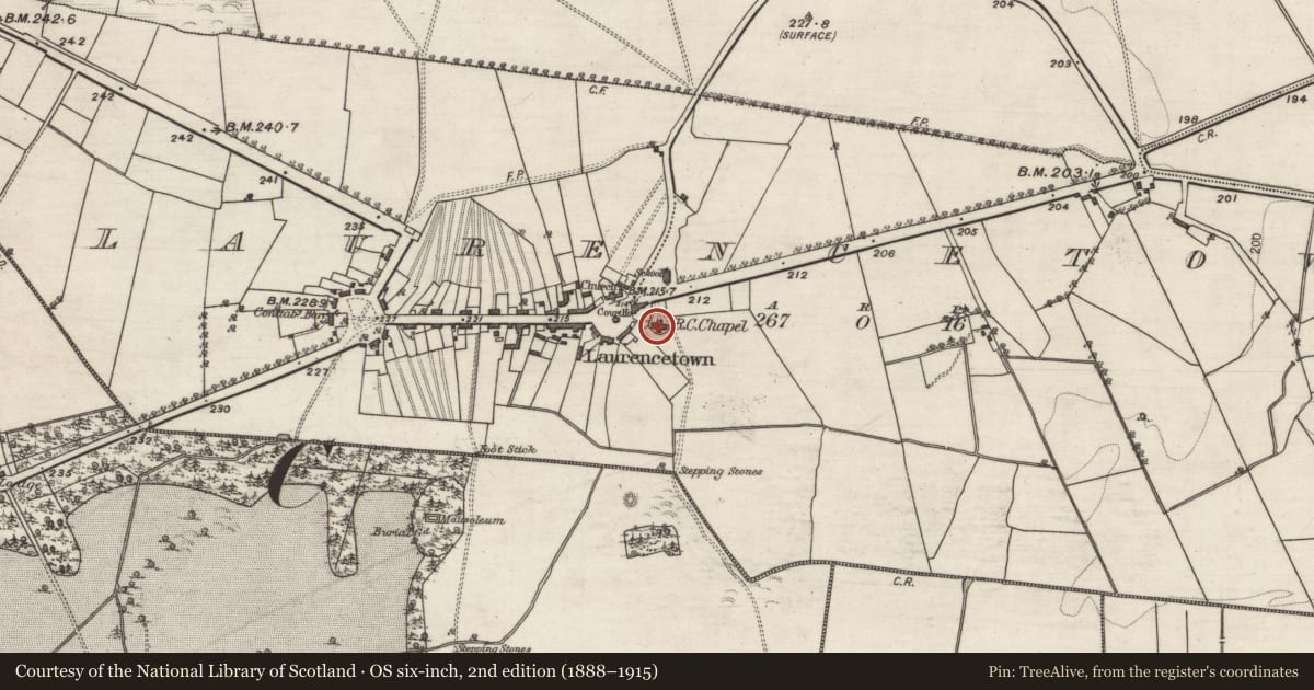 Ordnance Survey six-inch map, 2nd edition (1888–1915) covering the location of Church, Laurencetown, County Galway, with a pin at the register's coordinates
