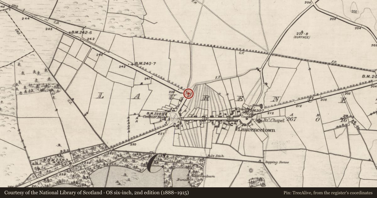 Ordnance Survey six-inch map, 2nd edition (1888–1915) covering the location of Church, Laurencetown, County Galway, with a pin at the register's coordinates