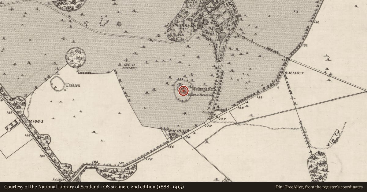 Ordnance Survey six-inch map, 2nd edition (1888–1915) covering the location of Ecclesiastical enclosure, Lismanny, County Galway, with a pin at the register's coordinates
