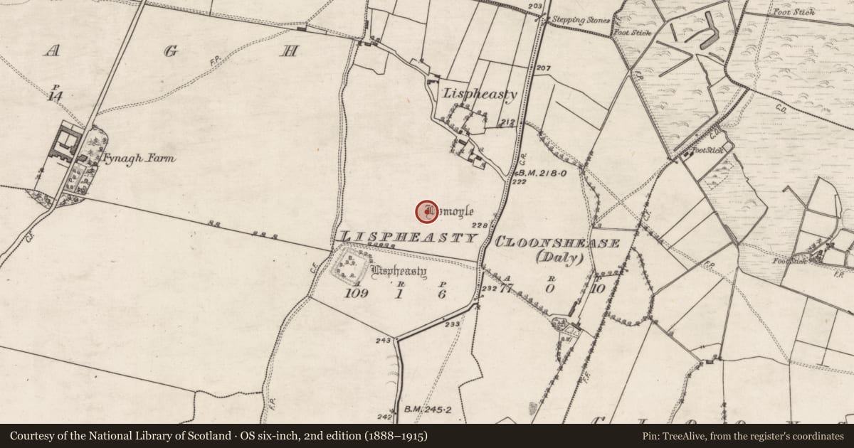 Ordnance Survey six-inch map, 2nd edition (1888–1915) covering the location of Ringfort - rath, Lispheasty, County Galway, with a pin at the register's coordinates