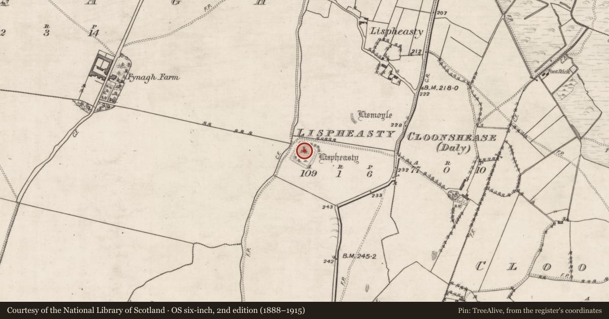 Ordnance Survey six-inch map, 2nd edition (1888–1915) covering the location of Structure, Lispheasty, County Galway, with a pin at the register's coordinates