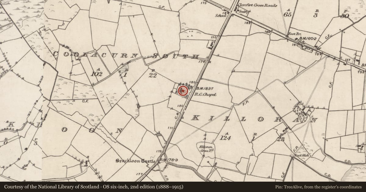 Ordnance Survey six-inch map, 2nd edition (1888–1915) covering the location of Chapel, Coolacurn South, County Galway, with a pin at the register's coordinates