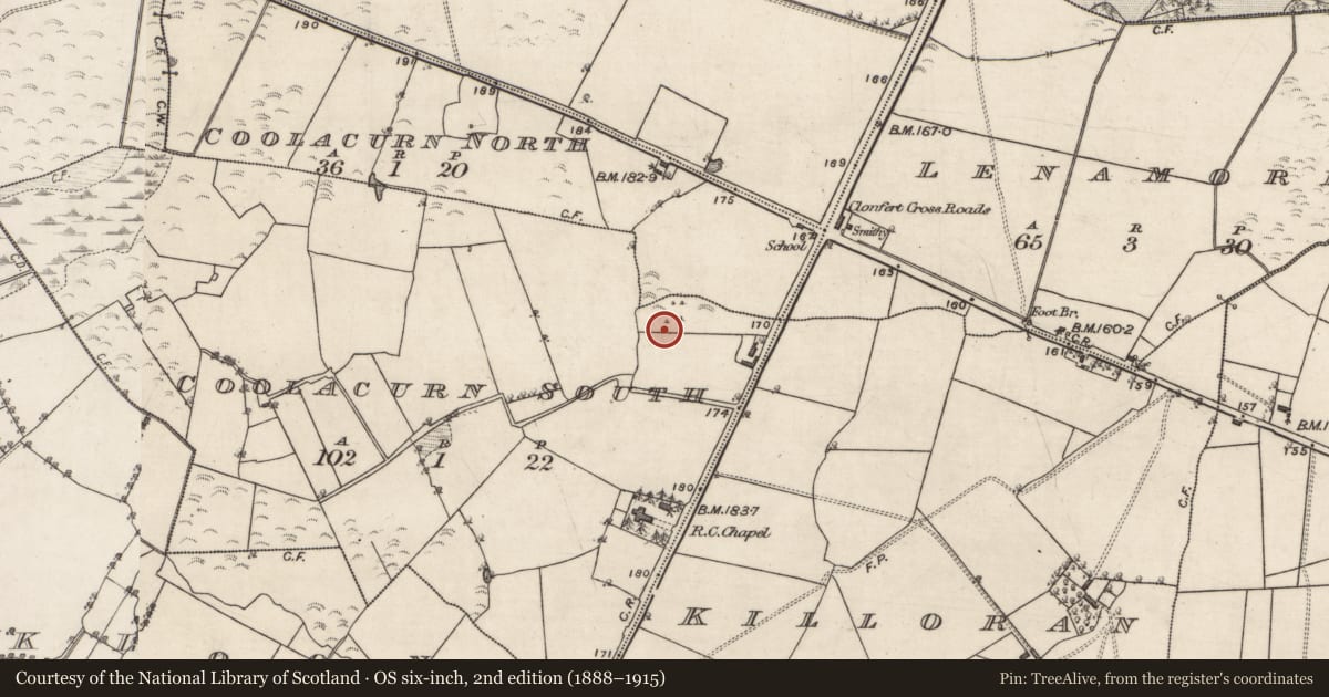 Ordnance Survey six-inch map, 2nd edition (1888–1915) covering the location of Earthwork, Coolacurn South, County Galway, with a pin at the register's coordinates