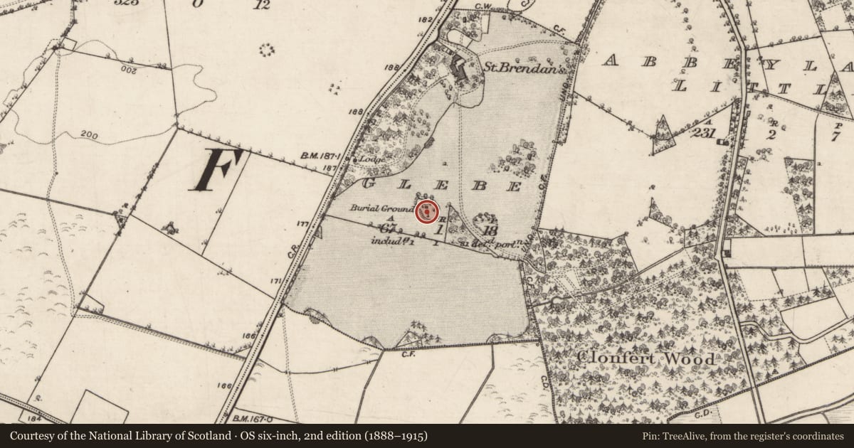 Ordnance Survey six-inch map, 2nd edition (1888–1915) covering the location of Mausoleum, Glebe, County Galway, with a pin at the register's coordinates