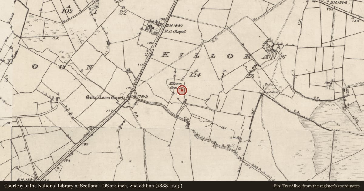 Ordnance Survey six-inch map, 2nd edition (1888–1915) covering the location of Children's burial ground, Killoran, County Galway, with a pin at the register's coordinates