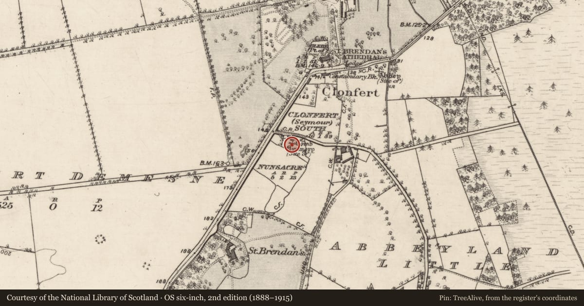 Ordnance Survey six-inch map, 2nd edition (1888–1915) covering the location of Religious house - Augustinian nuns, Nunsacre, County Galway, with a pin at the register's coordinates