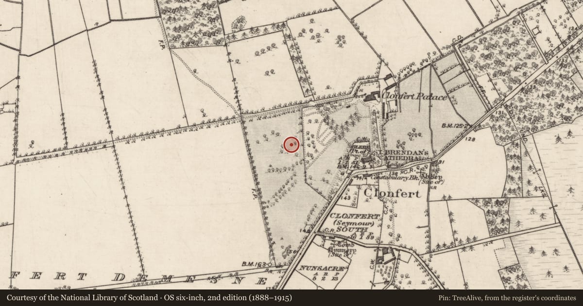Ordnance Survey six-inch map, 2nd edition (1888–1915) covering the location of Enclosure, Clonfert Demesne, County Galway, with a pin at the register's coordinates