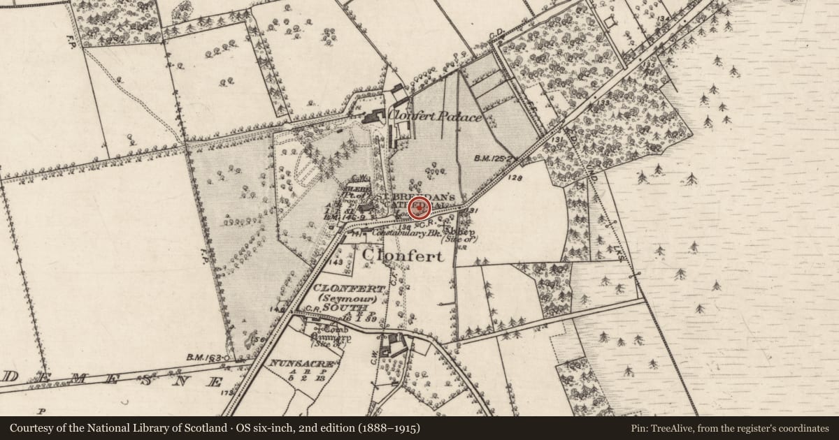 Ordnance Survey six-inch map, 2nd edition (1888–1915) covering the location of Fulacht fia, Clonfert Demesne, County Galway, with a pin at the register's coordinates