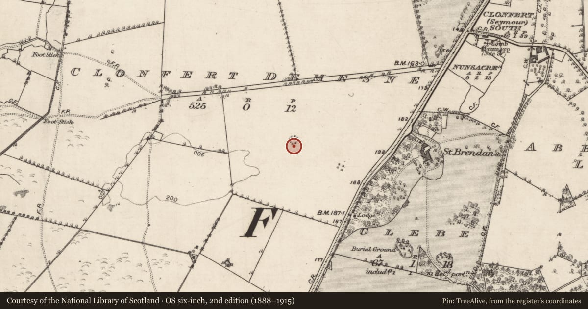Ordnance Survey six-inch map, 2nd edition (1888–1915) covering the location of Earthwork, Clonfert Demesne, County Galway, with a pin at the register's coordinates