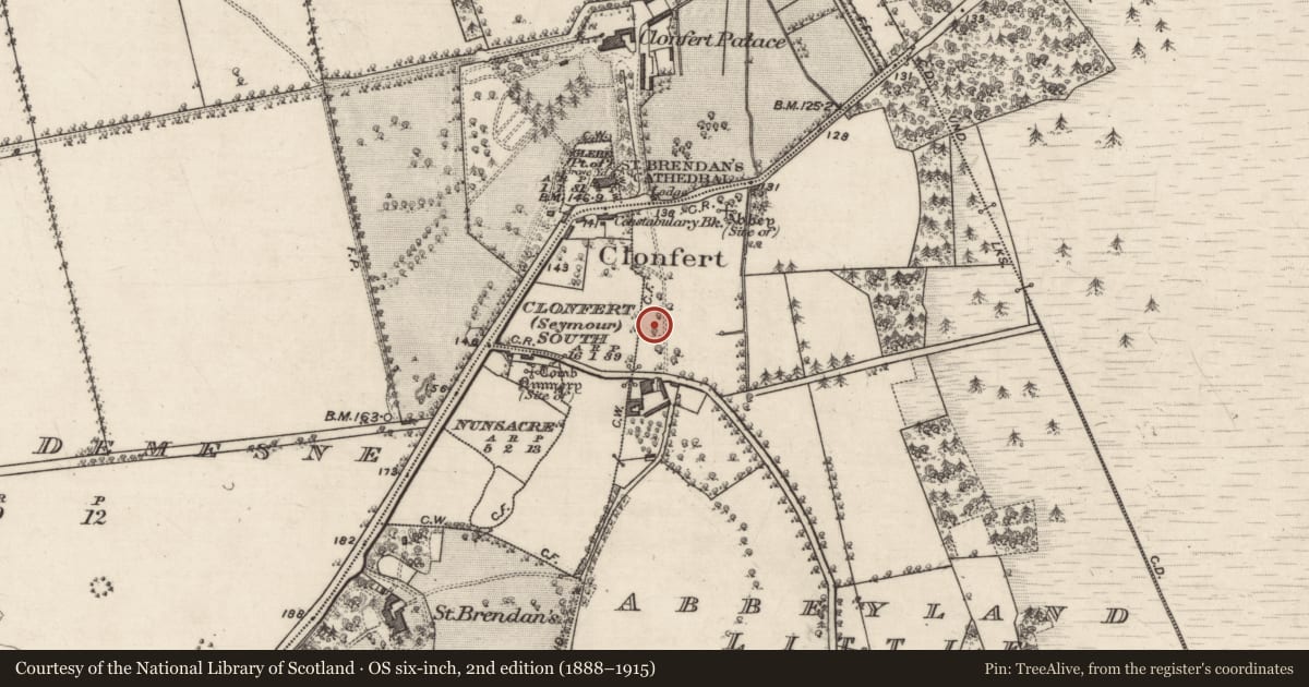 Ordnance Survey six-inch map, 2nd edition (1888–1915) covering the location of Enclosure, Clonfert South (Seymour), County Galway, with a pin at the register's coordinates