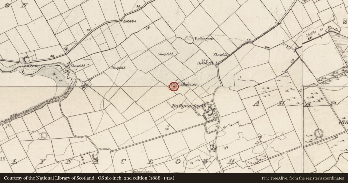 Ordnance Survey six-inch map, 2nd edition (1888–1915) covering the location of Children's burial ground, Ballynacloghy, County Galway, with a pin at the register's coordinates