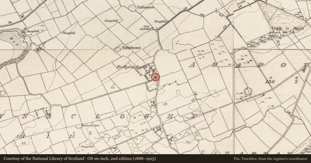 Ordnance Survey six-inch map, 2nd edition (1888–1915) covering the location of Building, Ballynacloghy, County Galway, with a pin at the register's coordinates