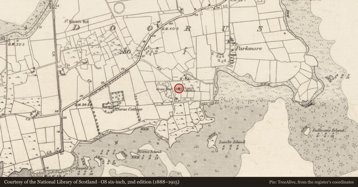 Ordnance Survey six-inch map, 2nd edition (1888–1915) covering the location of Church, Doorus, County Galway, with a pin at the register's coordinates